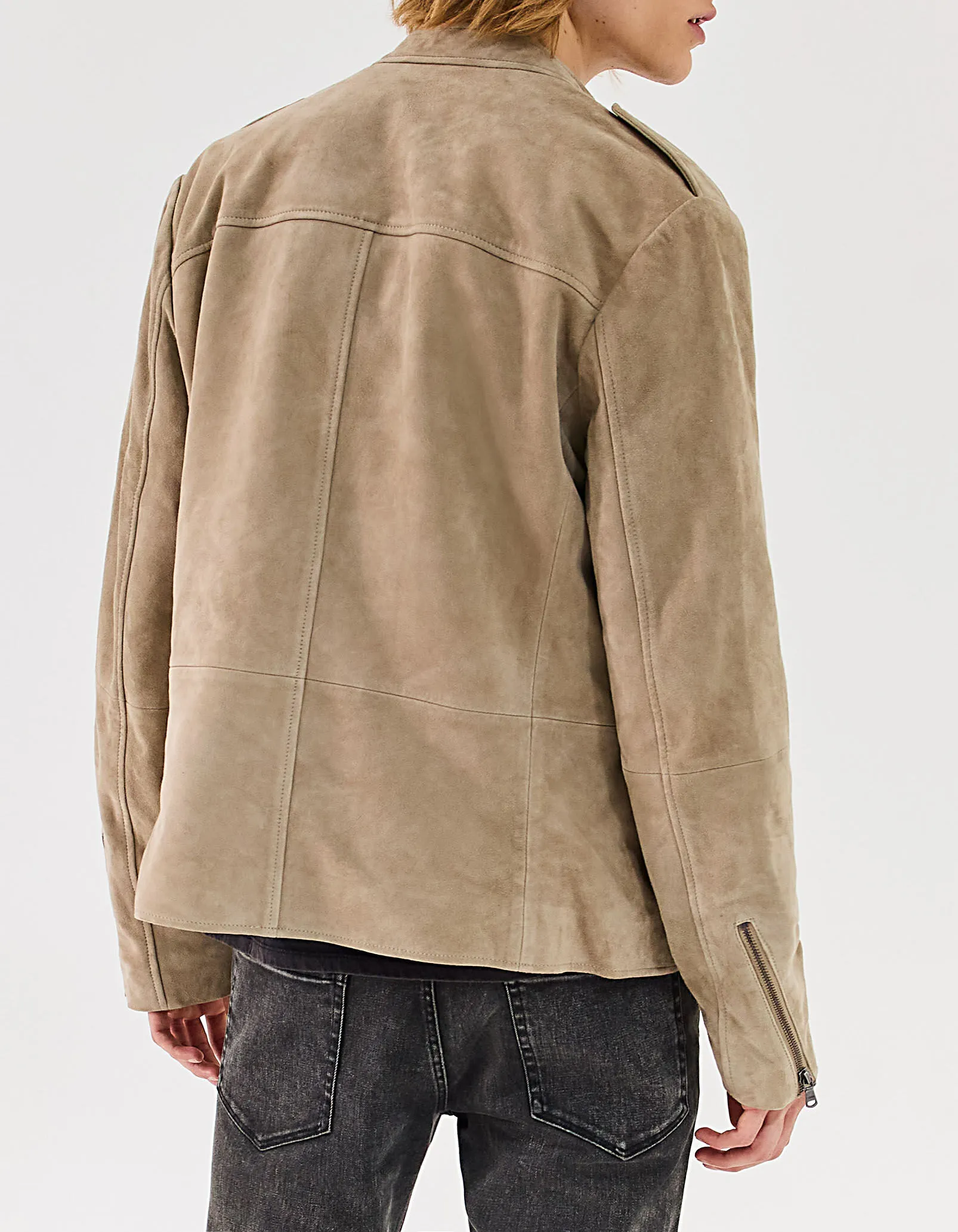 Blouson beige clair en cuir velours esprit motard Homme