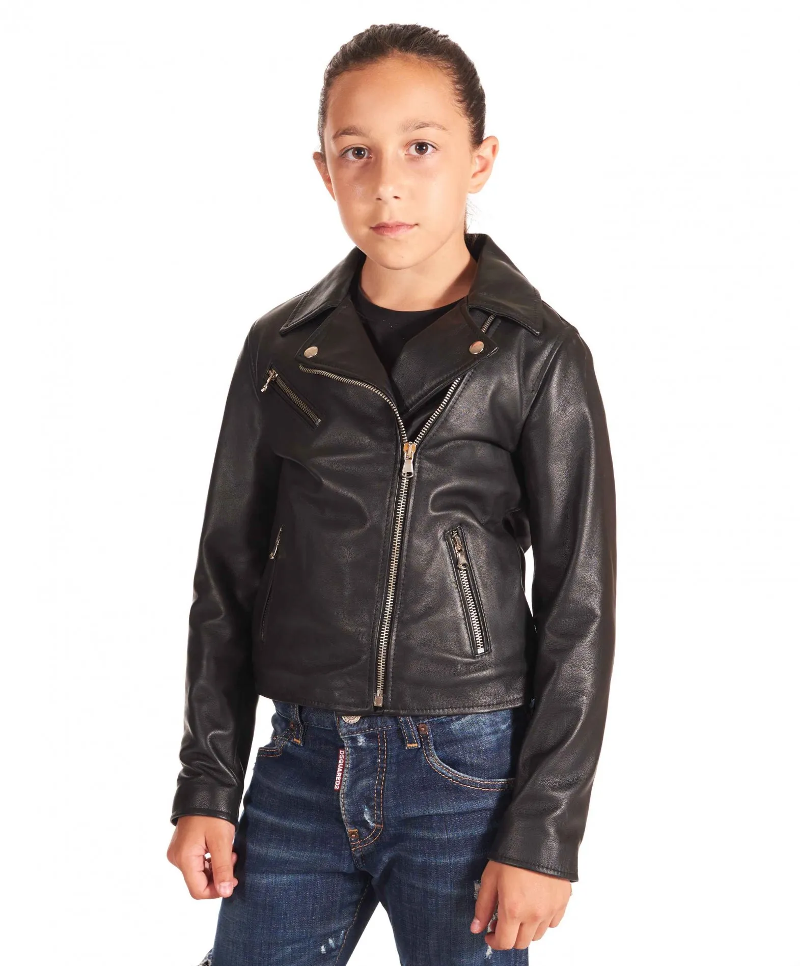 Blouson cuir enfant noir motard  unisexe cuir plongé