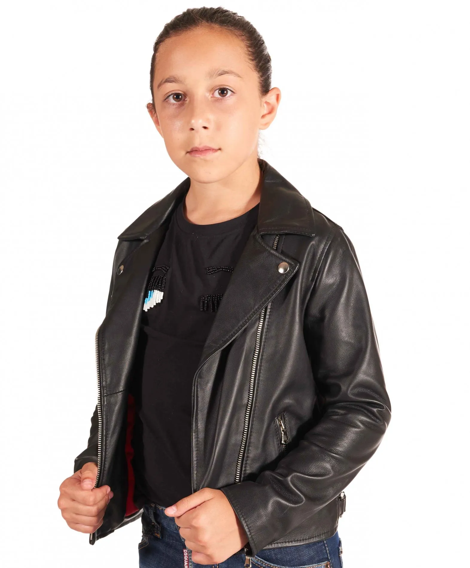 Blouson cuir enfant noir motard  unisexe cuir plongé