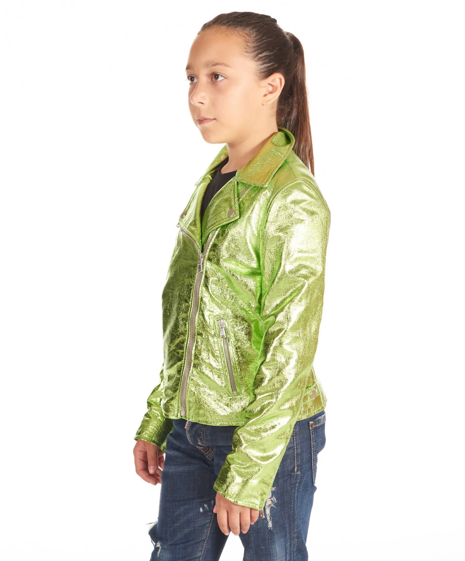 Blouson cuir enfant vert motard  unisexe cuir plongé