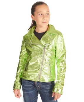 Blouson cuir enfant vert motard  unisexe cuir plongé