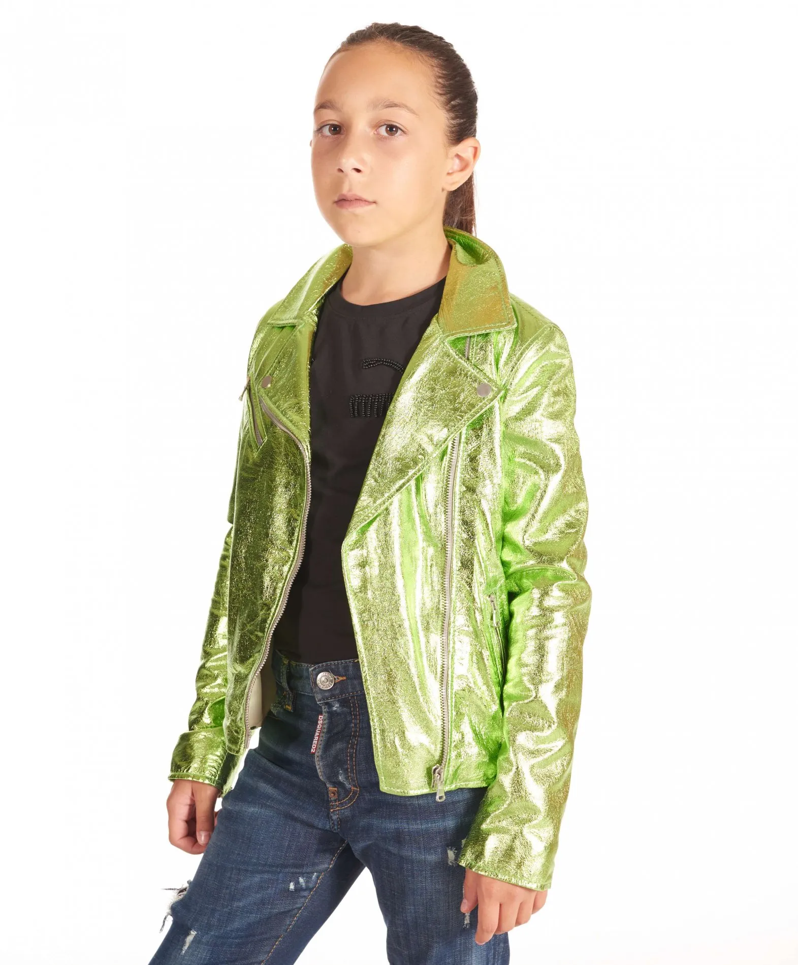 Blouson cuir enfant vert motard  unisexe cuir plongé