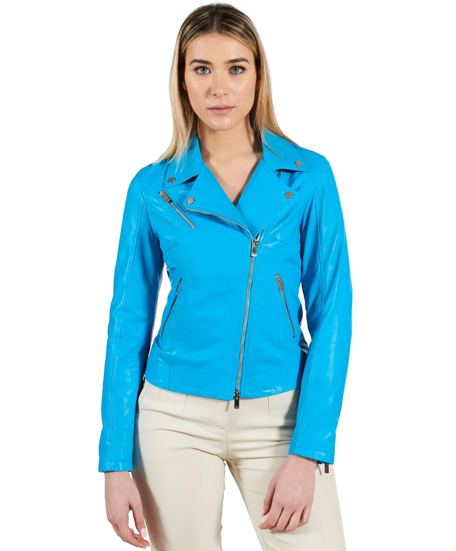 Blouson cuir femme moto veste motard cuir blue KBC