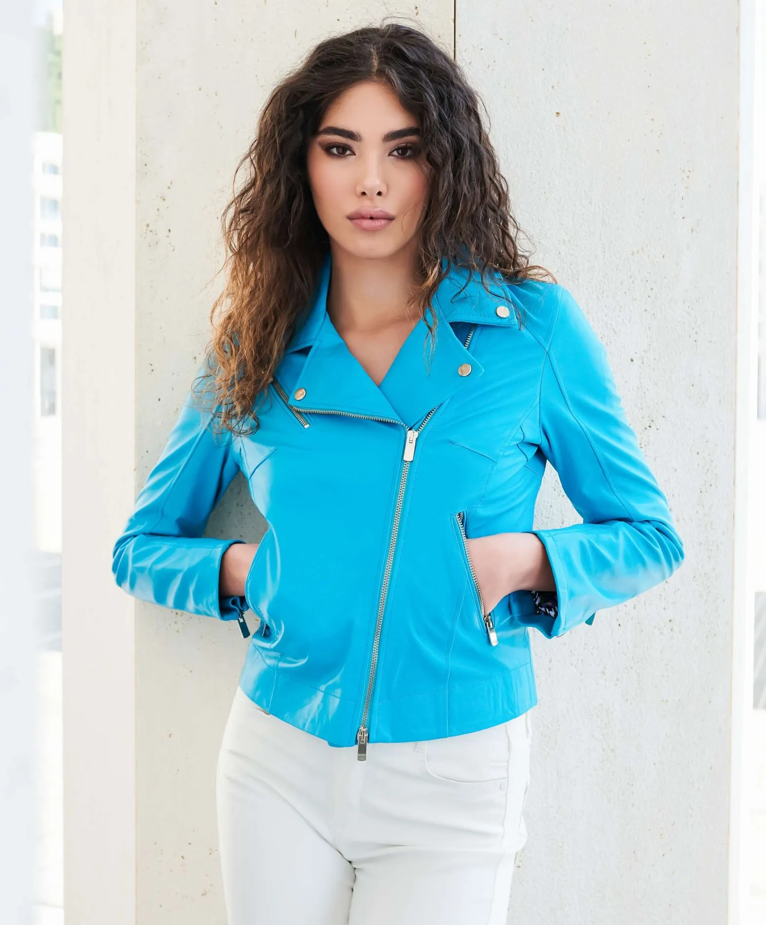 Blouson cuir femme moto veste motard cuir blue KBC