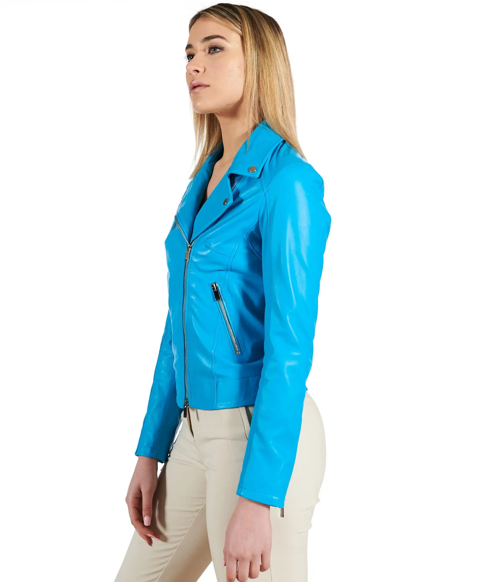 Blouson cuir femme moto veste motard cuir blue KBC