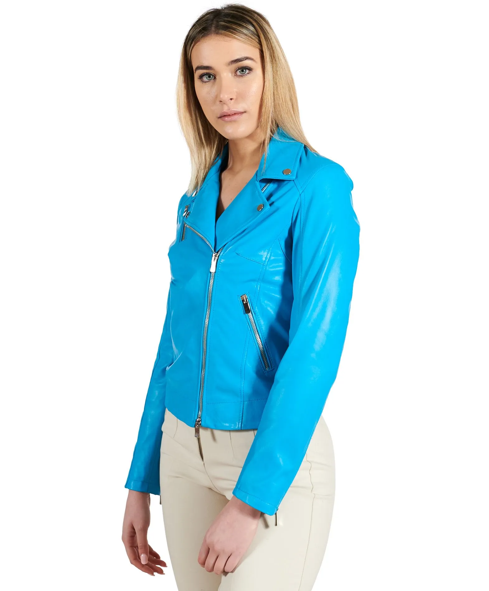 Blouson cuir femme moto veste motard cuir blue KBC