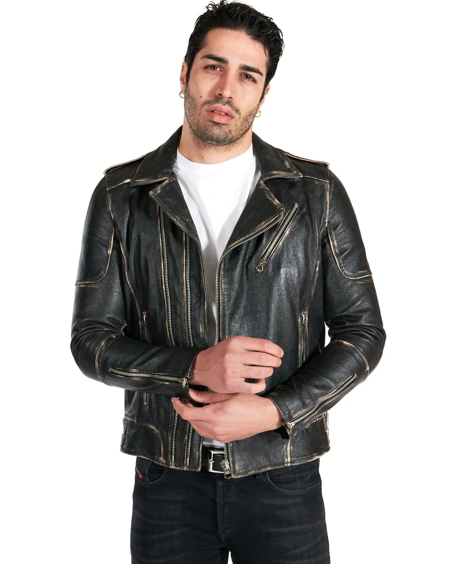 Blouson cuir homme motard noir vintage épaules cousues