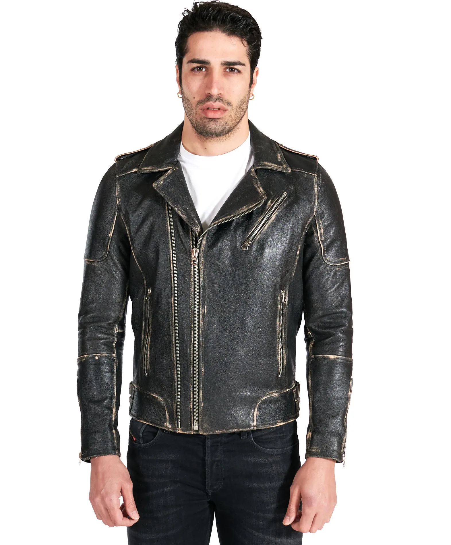 Blouson cuir homme motard noir vintage épaules cousues