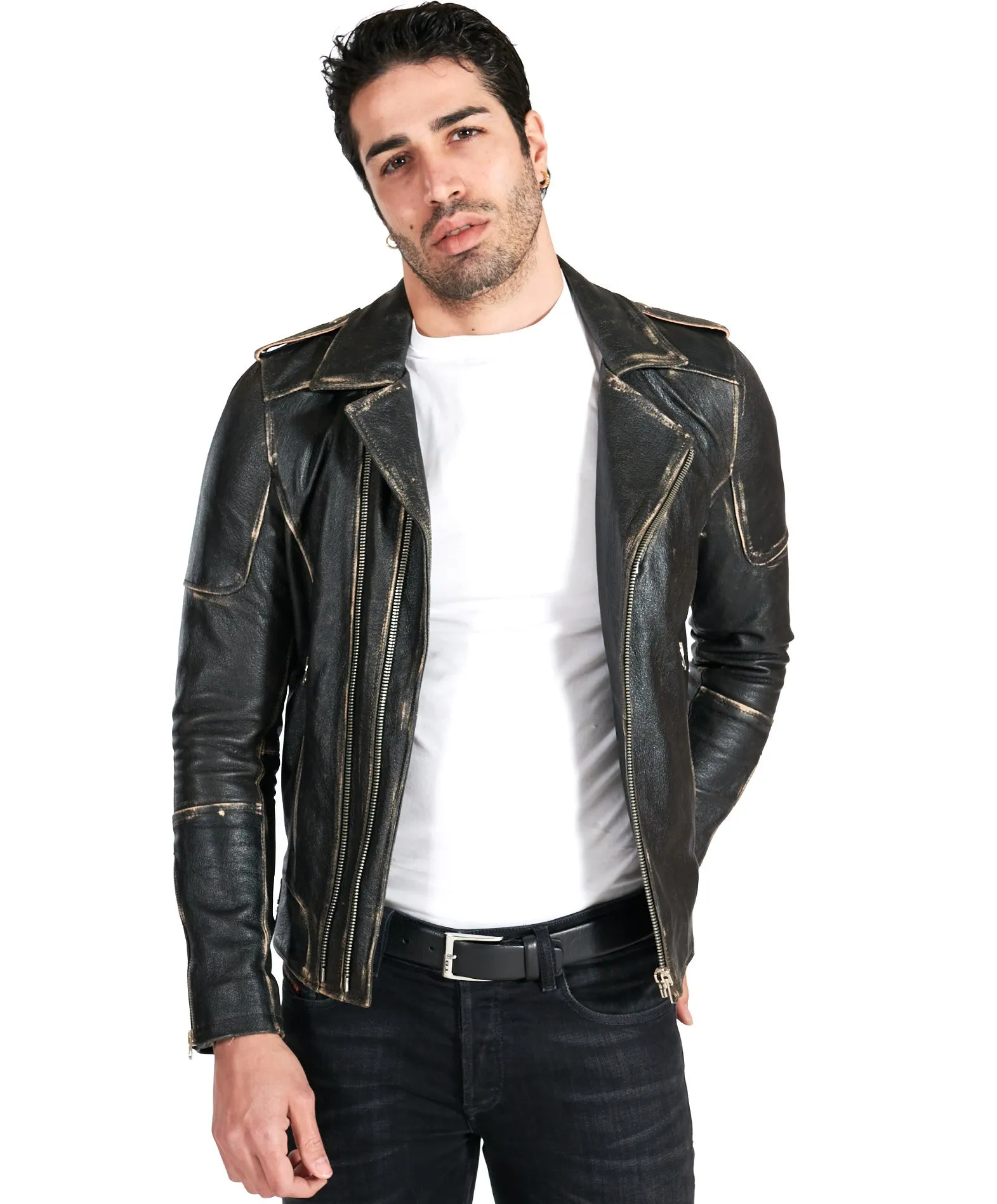 Blouson cuir homme motard noir vintage épaules cousues