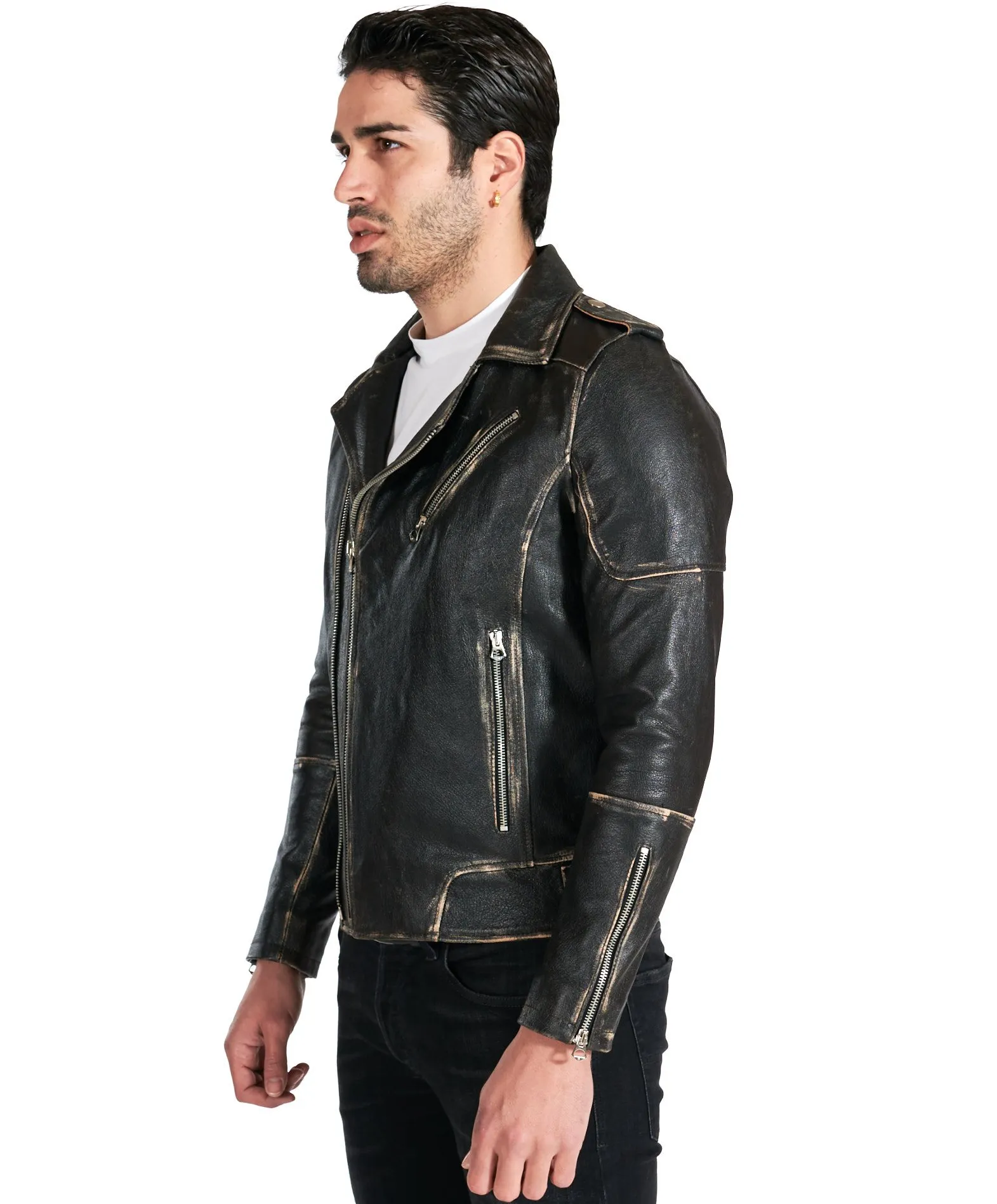 Blouson cuir homme motard noir vintage épaules cousues