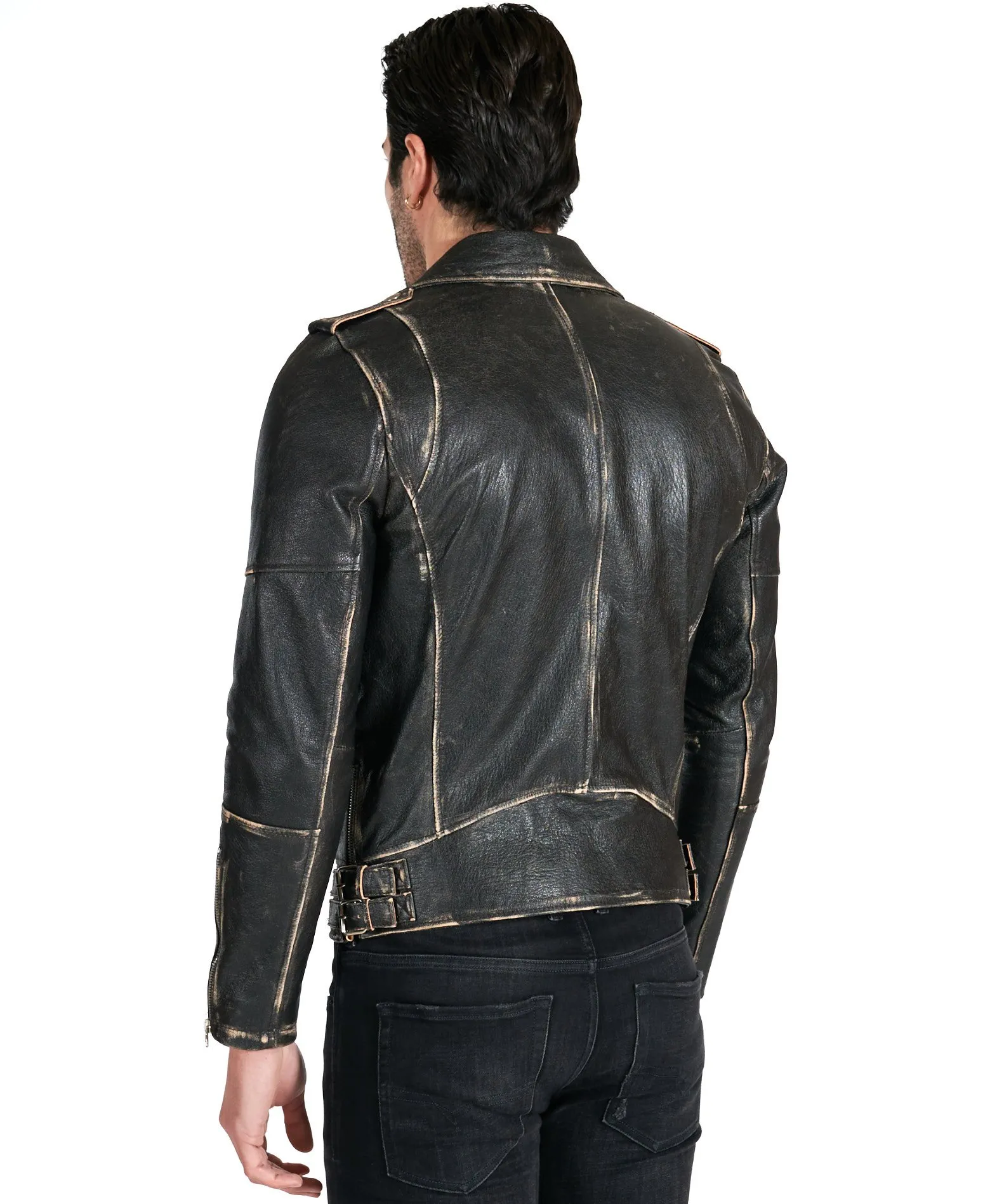 Blouson cuir homme motard noir vintage épaules cousues