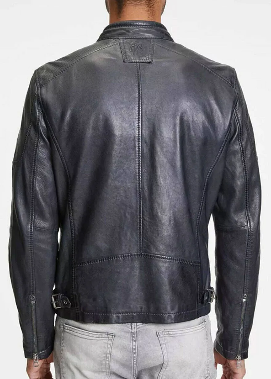 Blouson cuir homme navy/black style motard