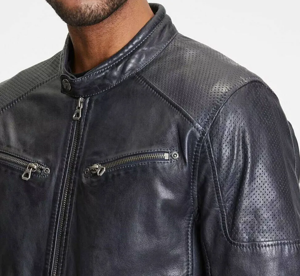 Blouson cuir homme navy/black style motard