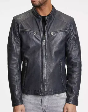 Blouson cuir homme navy/black style motard