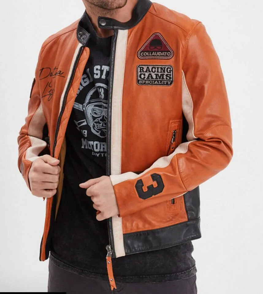 Blouson cuir homme orange style motard