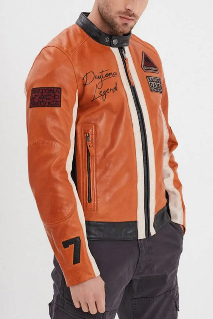 Blouson cuir homme orange style motard