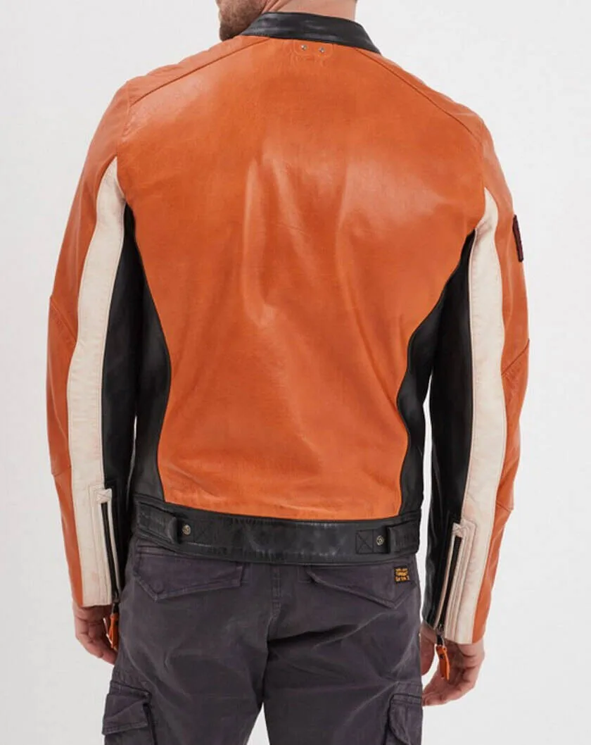 Blouson cuir homme orange style motard