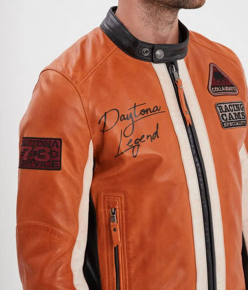 Blouson cuir homme orange style motard