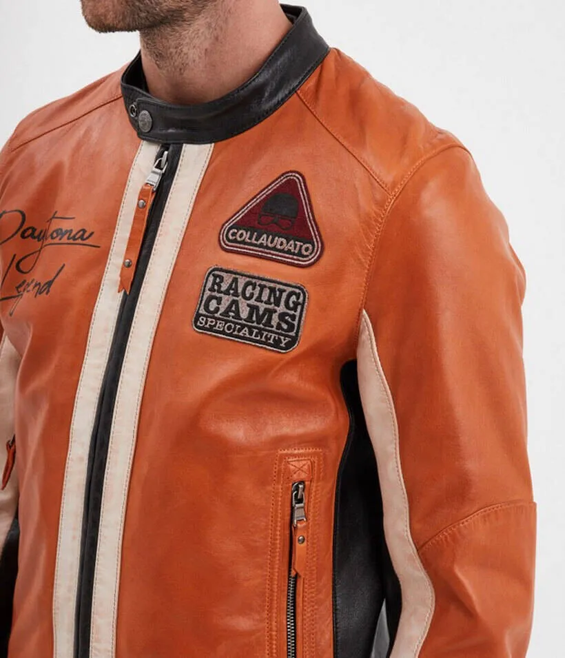 Blouson cuir homme orange style motard