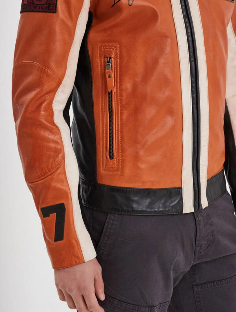 Blouson cuir homme orange style motard