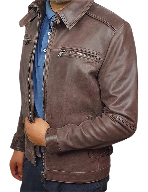 Blouson cuir vachette marron vieillie