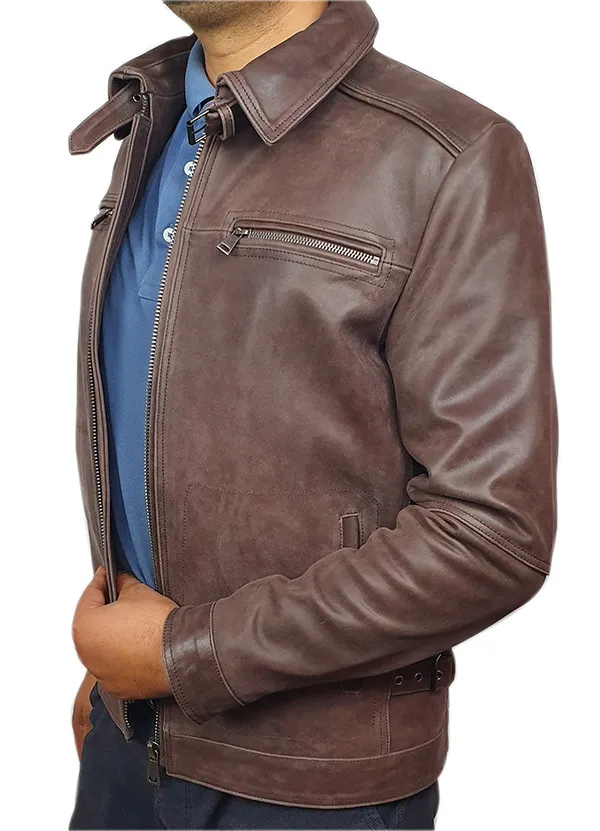 Blouson cuir vachette marron vieillie