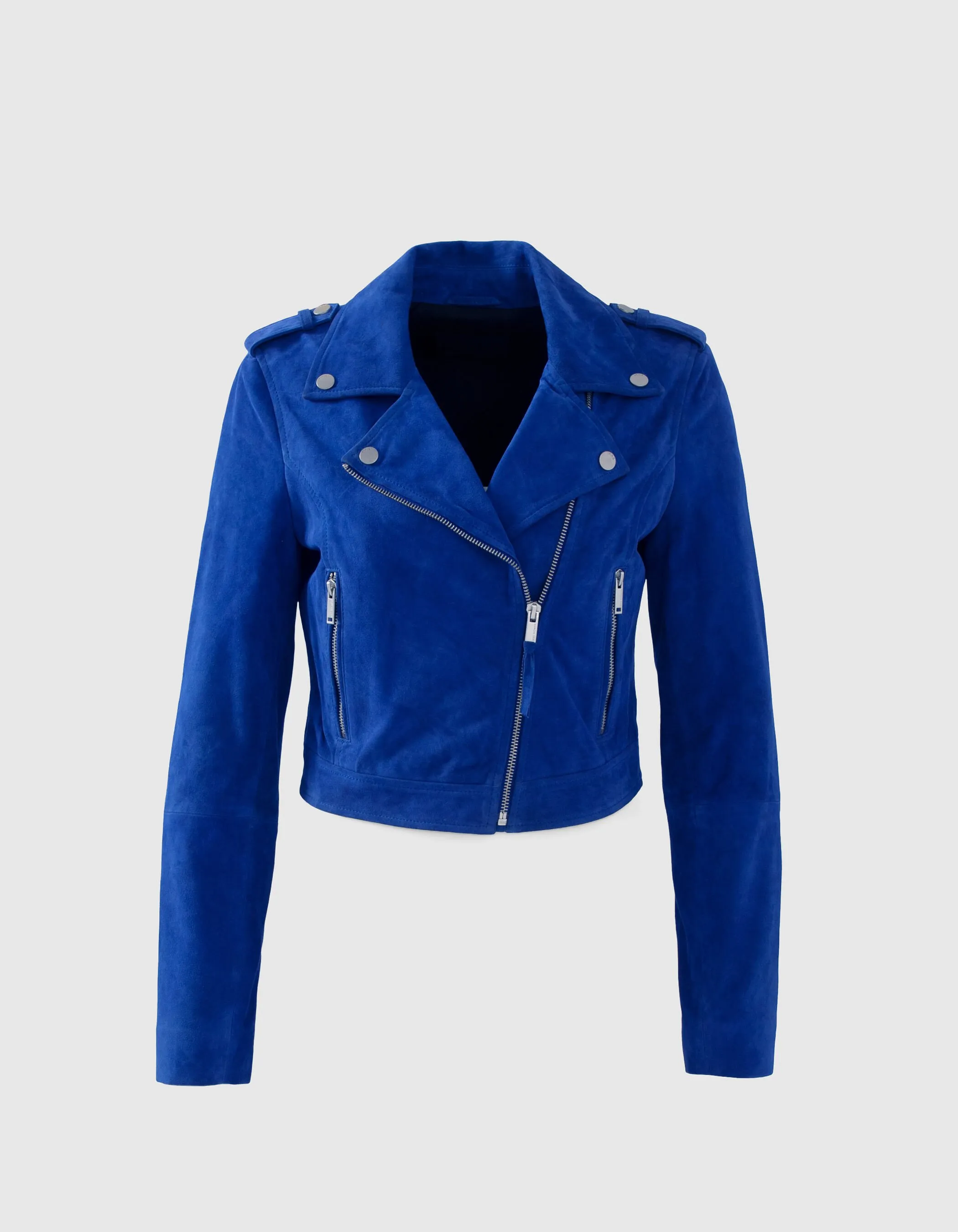 Blouson en cuir velours cobalt esprit motard Femme