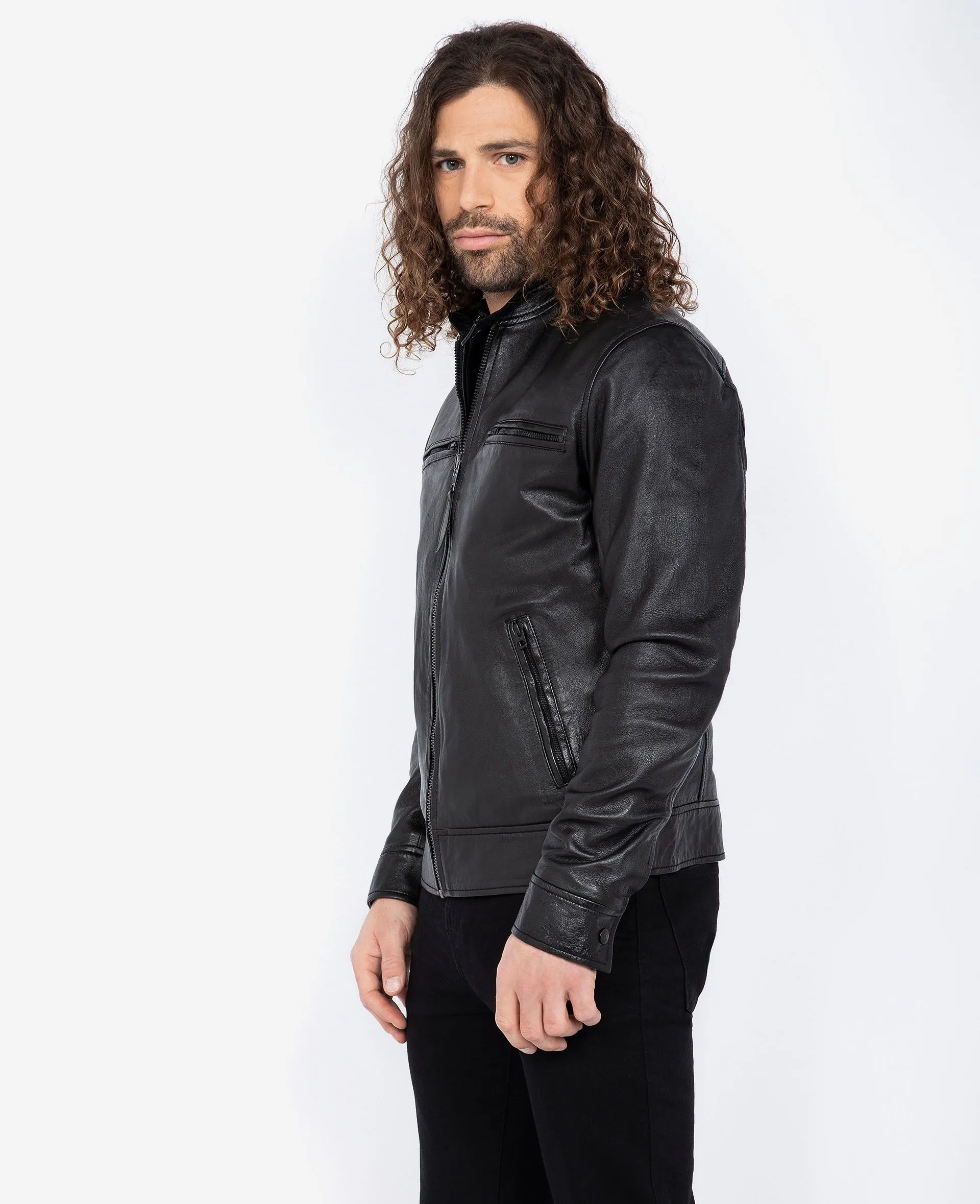 Blouson motard, cuir d'agneau lavé