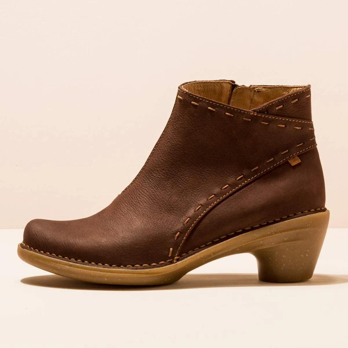 Bottines à talon en cuir à surpiqures - Marron