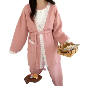 Ensemble de Pyjamas de Grossesse et Allaitement en Coton pais, 3 Pièces, Automne Hiver