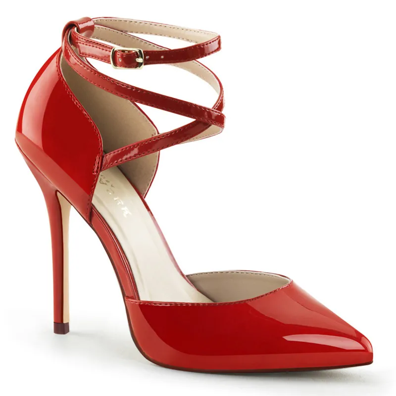 Escarpin haut talon aiguille stiletto de 12 cm avec fine bride cheville croisée rouge vernis grande taille du 35 au 46 *vegan -