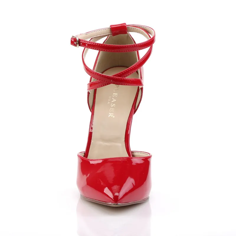 Escarpin haut talon aiguille stiletto de 12 cm avec fine bride cheville croisée rouge vernis grande taille du 35 au 46 *vegan -