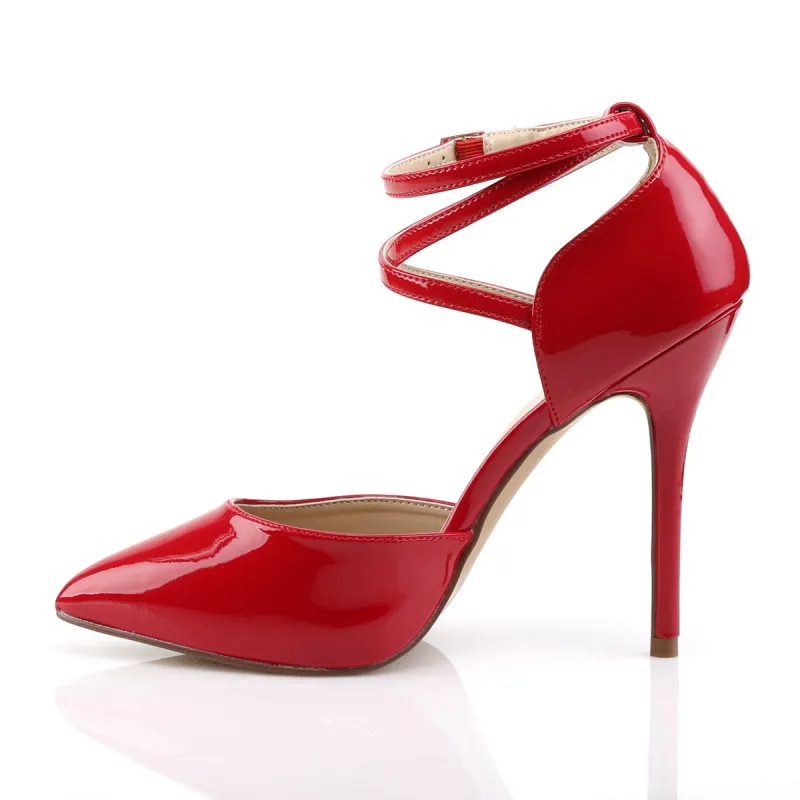 Escarpin haut talon aiguille stiletto de 12 cm avec fine bride cheville croisée rouge vernis grande taille du 35 au 46 *vegan -