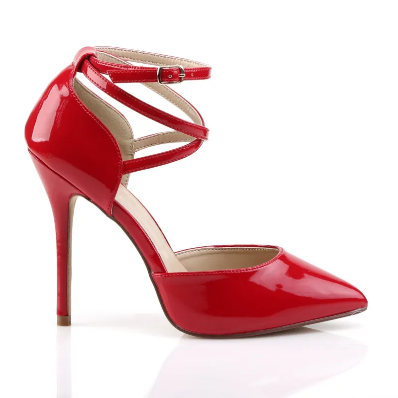 Escarpin haut talon aiguille stiletto de 12 cm avec fine bride cheville croisée rouge vernis grande taille du 35 au 46 *vegan -