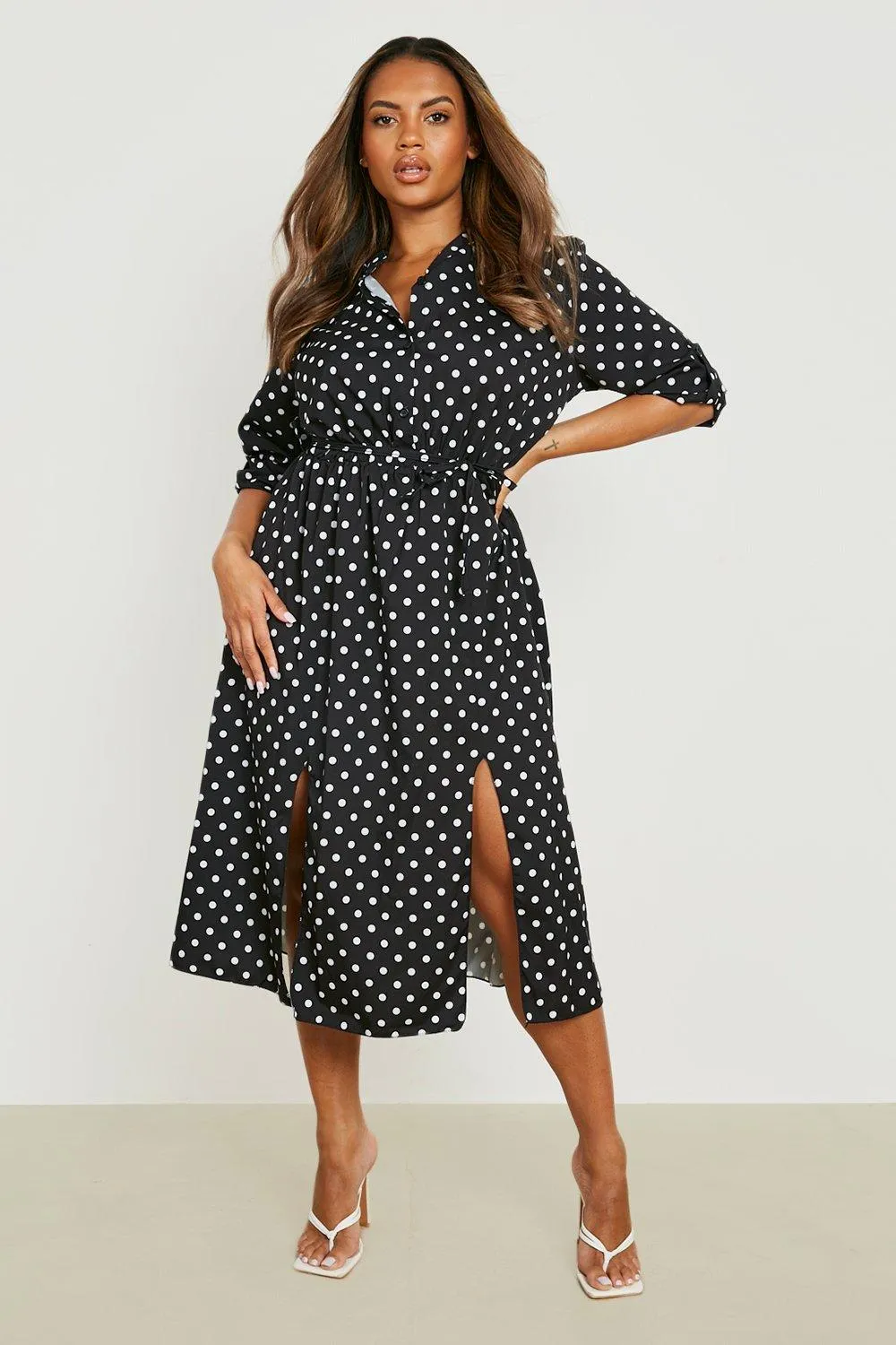 Grande taille - Robe chemise mi-longue à pois