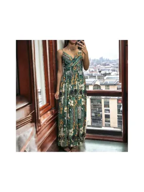 Longue robe avec sublime motif vert bretelles amovible