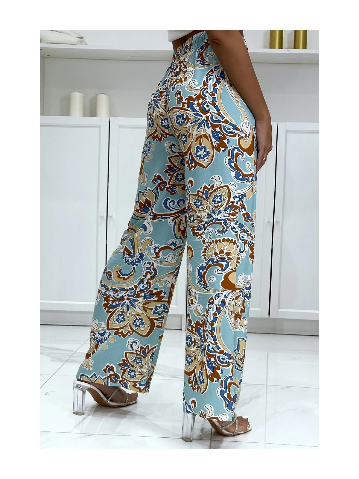 Pantalon palazzo avec sublime motif bleu canard