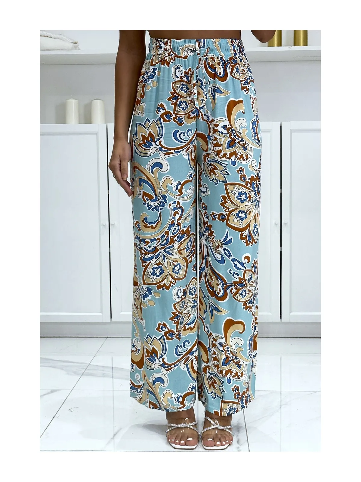 Pantalon palazzo avec sublime motif bleu canard