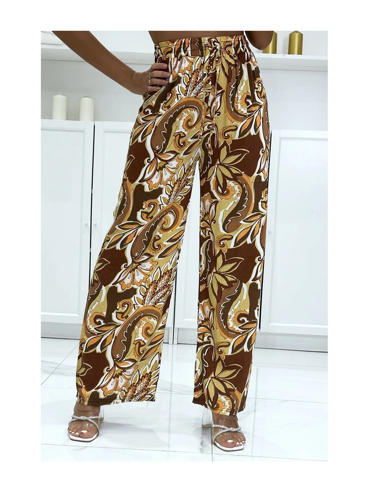 Pantalon palazzo camel en coton avec joli motif