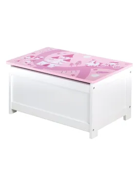 ROBA Banc-Coffre à Jouets "Krone" en Bois pour Enfant - Fermeture Douce - Rose/Motif Conte de Fées - Blanc Rose