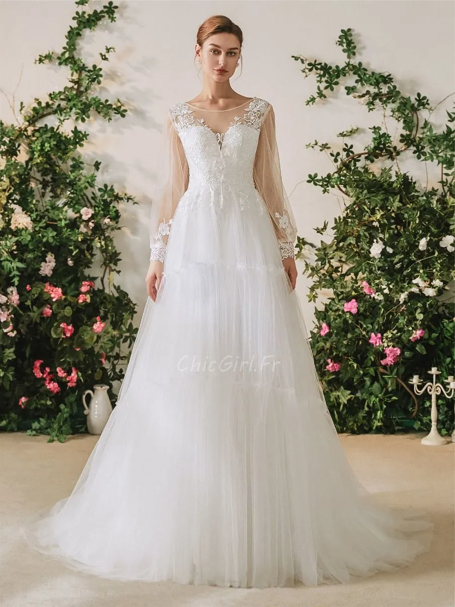 Robe De Mariée Créateur Princesse Manche Longue Haut Dentelle Bas Tulle