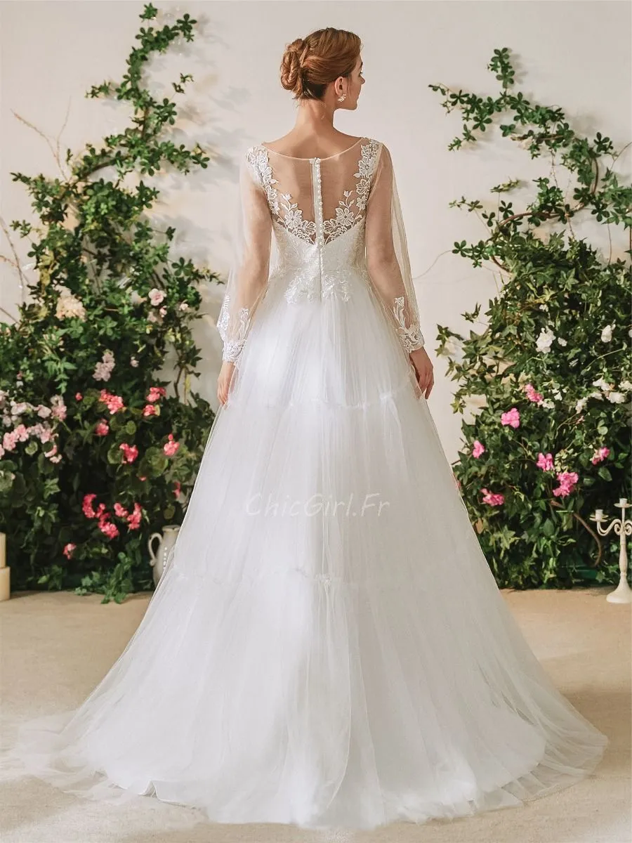 Robe De Mariée Créateur Princesse Manche Longue Haut Dentelle Bas Tulle