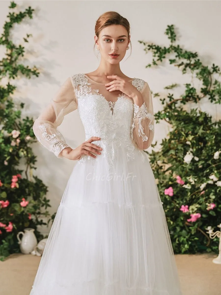 Robe De Mariée Créateur Princesse Manche Longue Haut Dentelle Bas Tulle