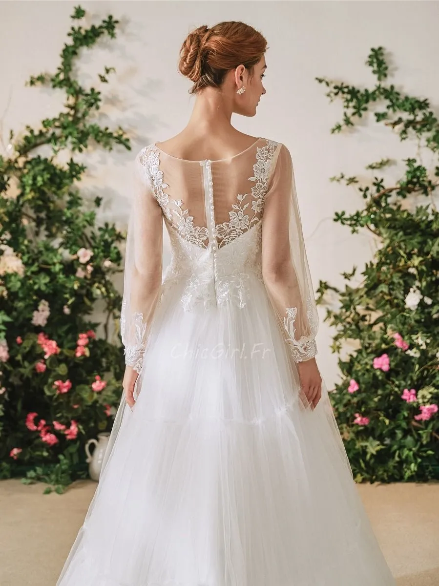 Robe De Mariée Créateur Princesse Manche Longue Haut Dentelle Bas Tulle