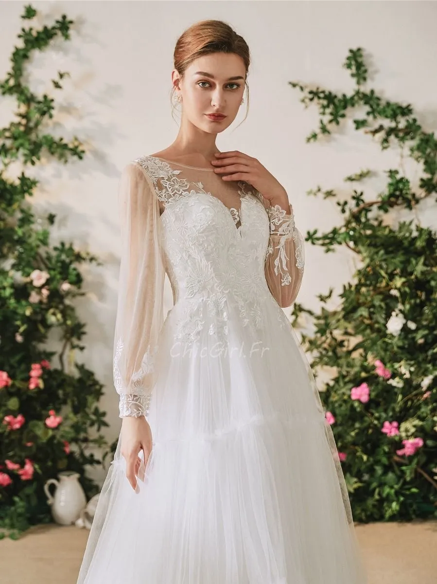 Robe De Mariée Créateur Princesse Manche Longue Haut Dentelle Bas Tulle