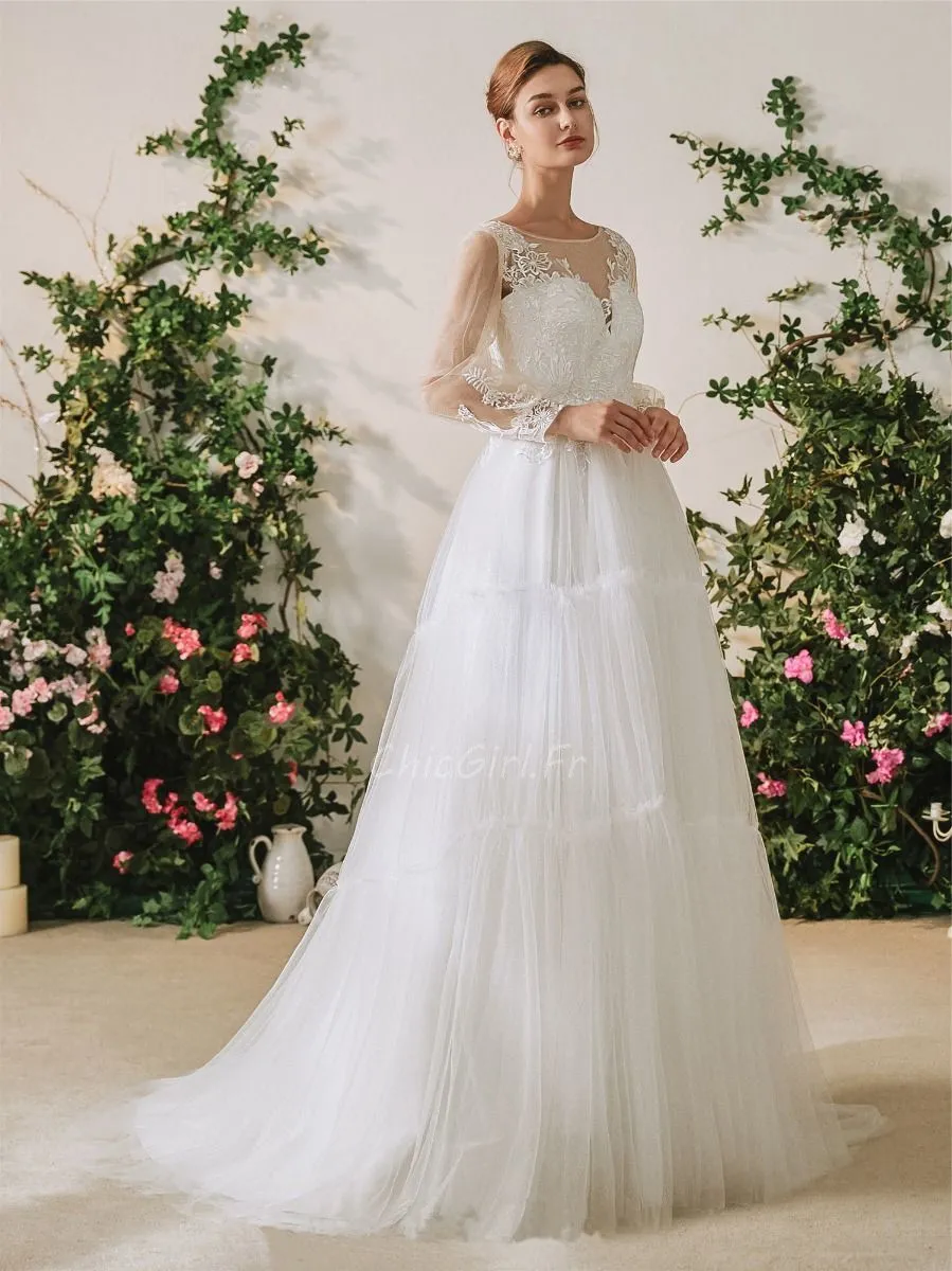 Robe De Mariée Créateur Princesse Manche Longue Haut Dentelle Bas Tulle