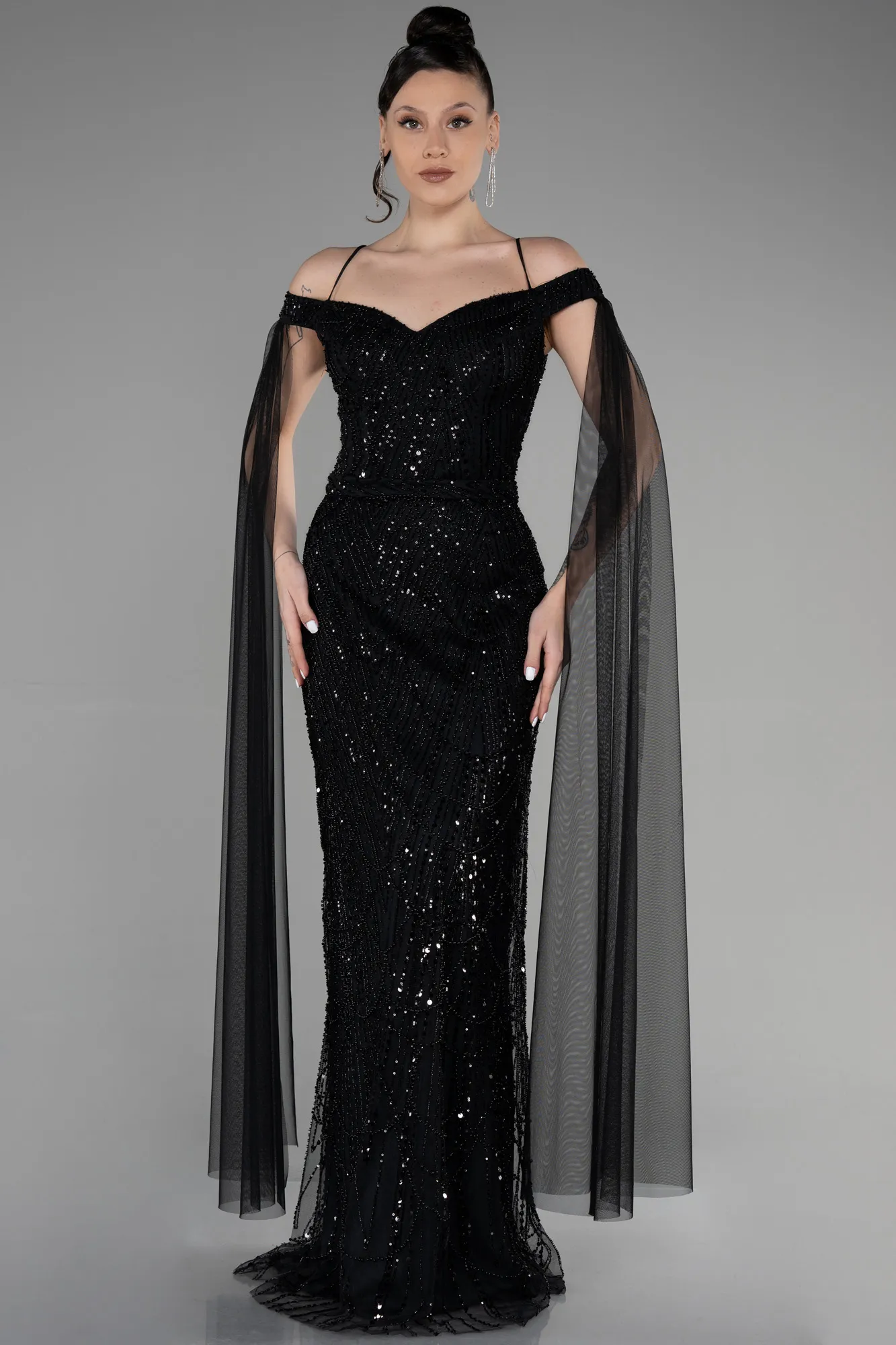 Robe De Soirée De Créateur Longue Pierreux Noir ABU3553