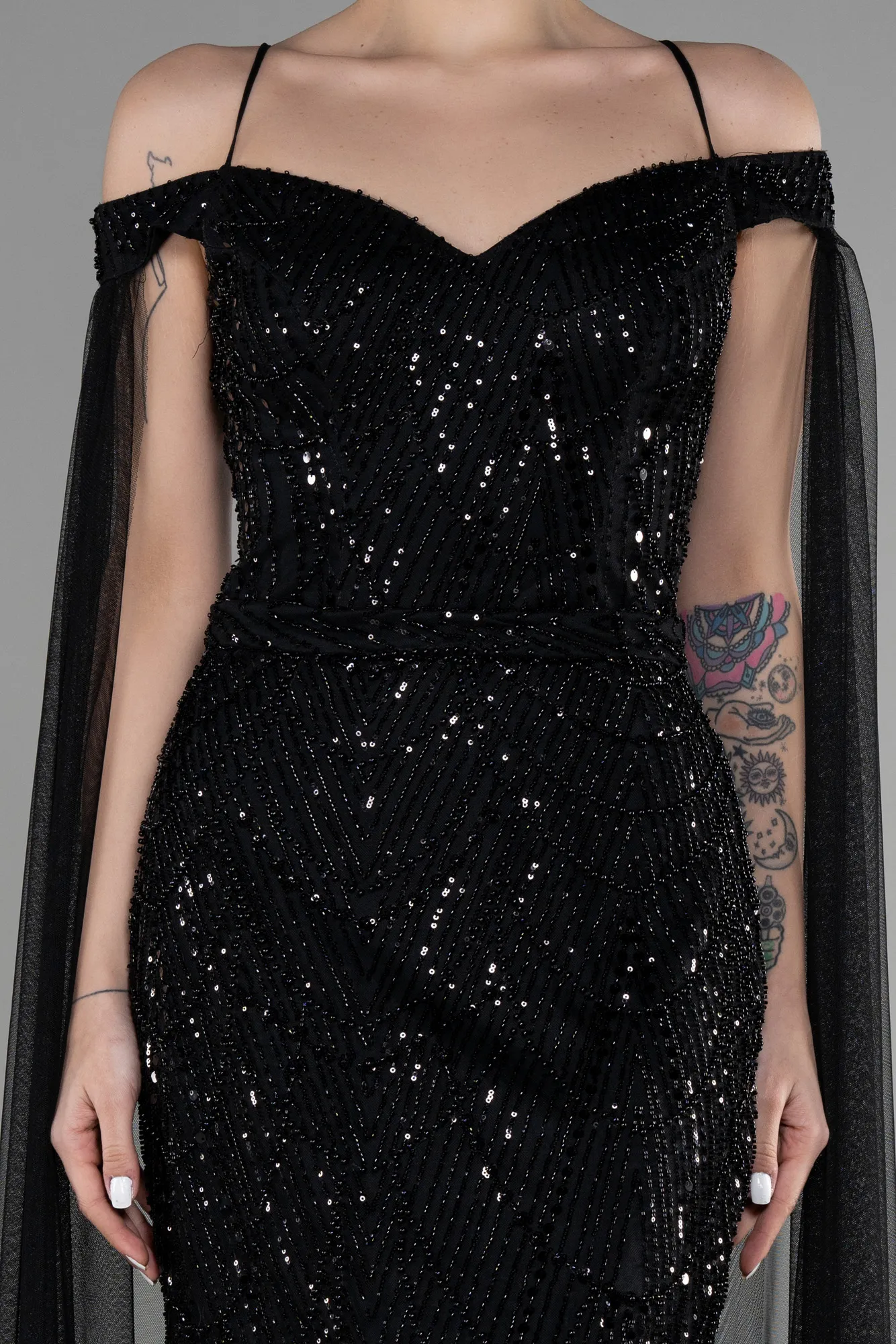 Robe De Soirée De Créateur Longue Pierreux Noir ABU3553