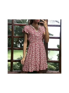 Robe rouge motif liberty évasé avec bouton