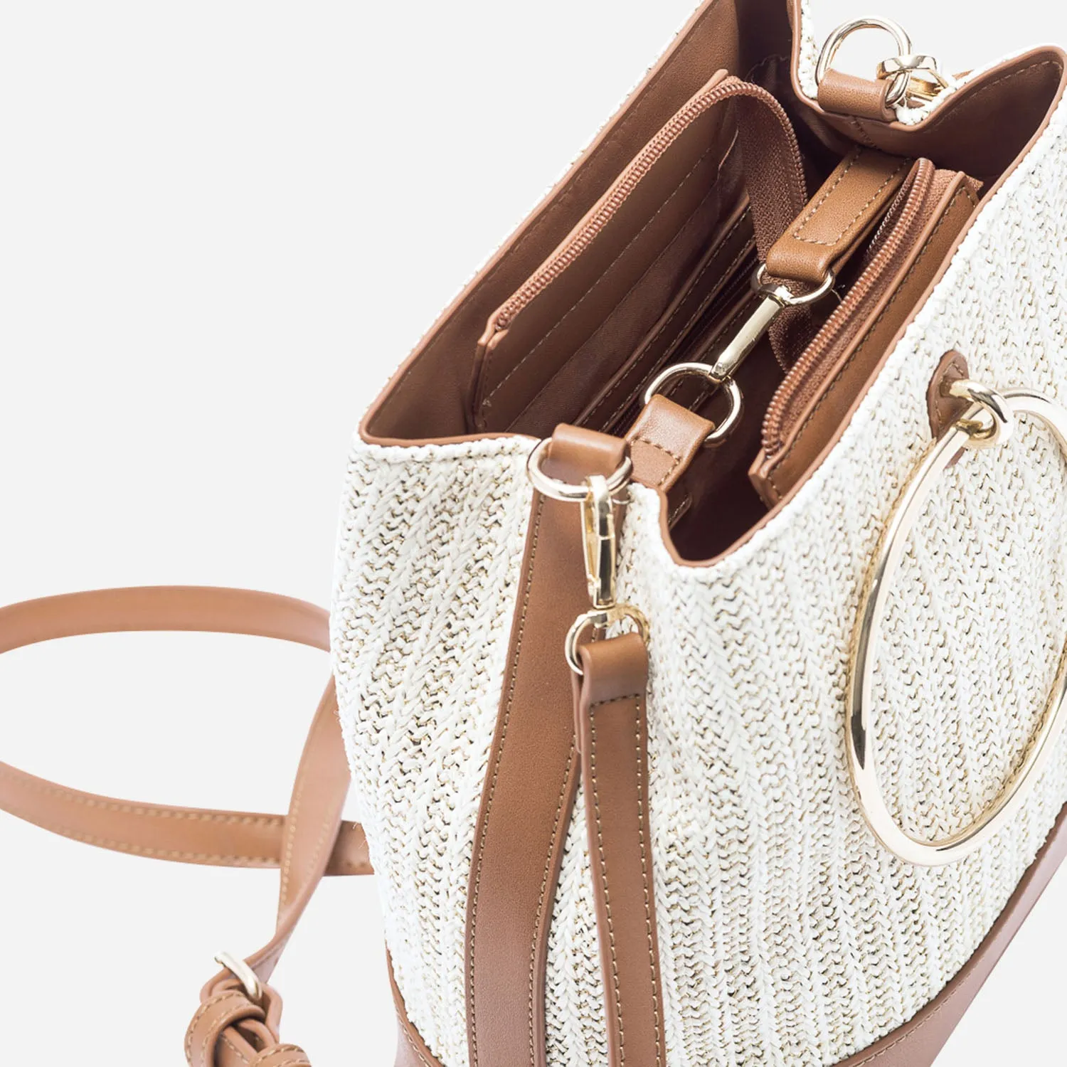 Sac à main bi matière camel et beige effet tressé - Sacs à main Maroquinerie | ERAM